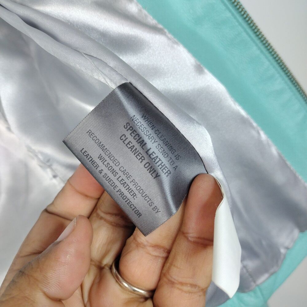 Wilsons Womens 90's VTG Leather Maxima Ruched Moto Jacket Aqua Teal Blue Size M - Picture 6 of 8